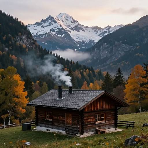 Photograph of a rustic wooden cabin with smoke rising, set in a lush, mountainous valley with autumn foliage and snow-capped peaks in the background