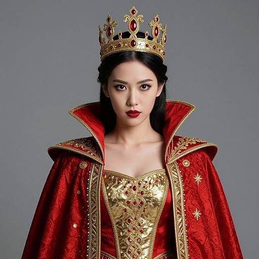 Photograph of a fair-skinned woman with black hair, wearing a red and gold regal crown, matching gown, and cape, against a gray