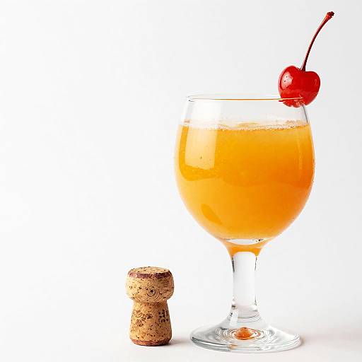 Photograph of an orange cocktail in a clear glass with a cherry garnish, accompanied by two cork stoppers on a white background.
