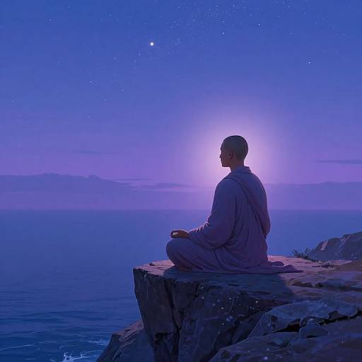 Silhouetted man in monk's robes meditates on cliff at night, illuminated by radiant moon, with starry blue-purple sky and calm ocean