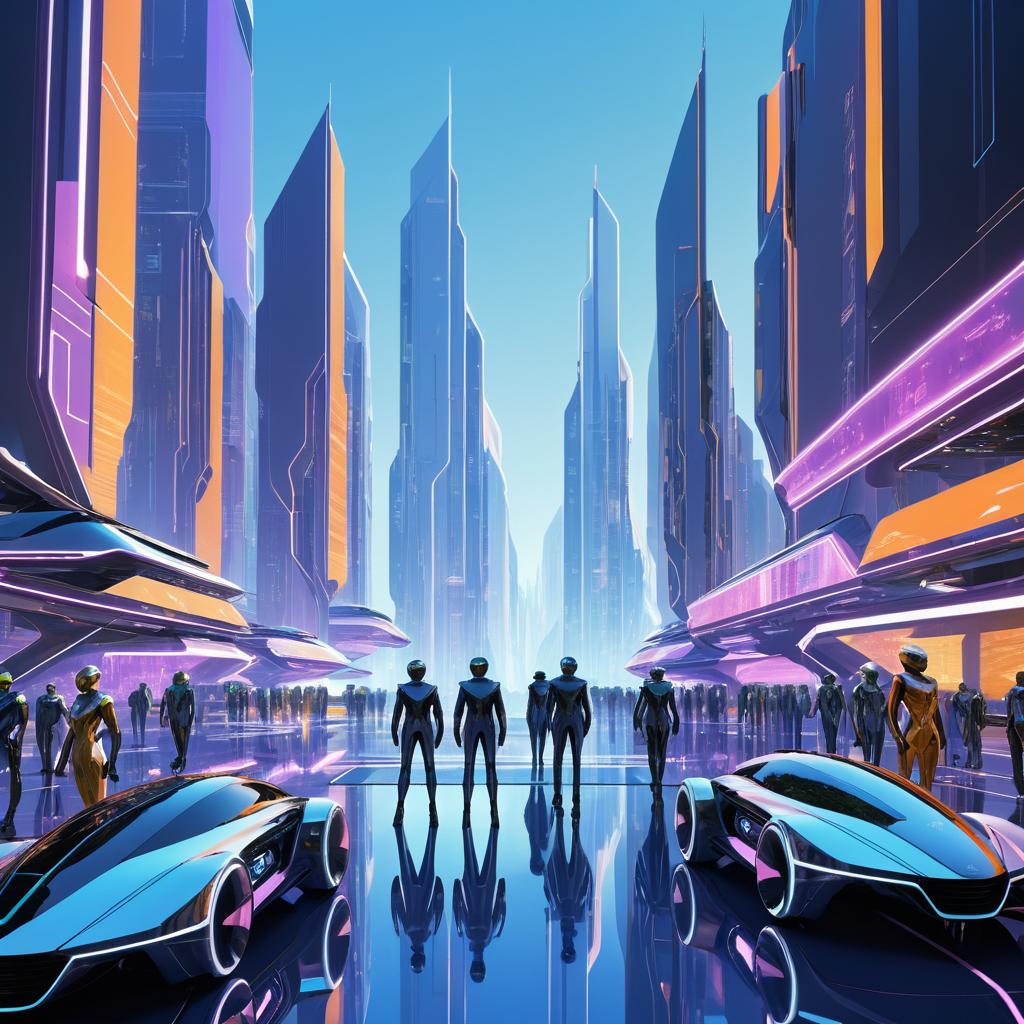 Futuristic Cityscape with Robots and Humans