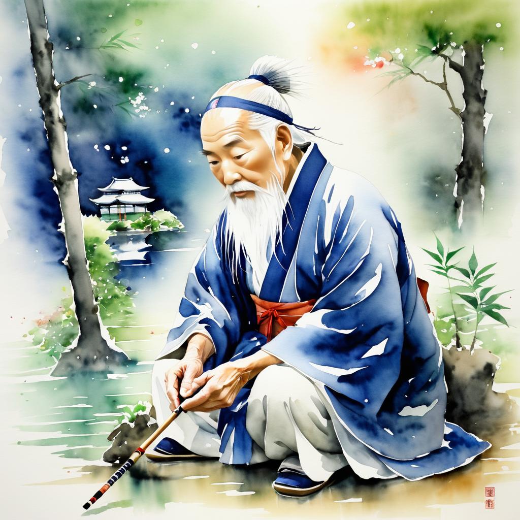 Wise Elder Hiroshi in Traditional Watercolor