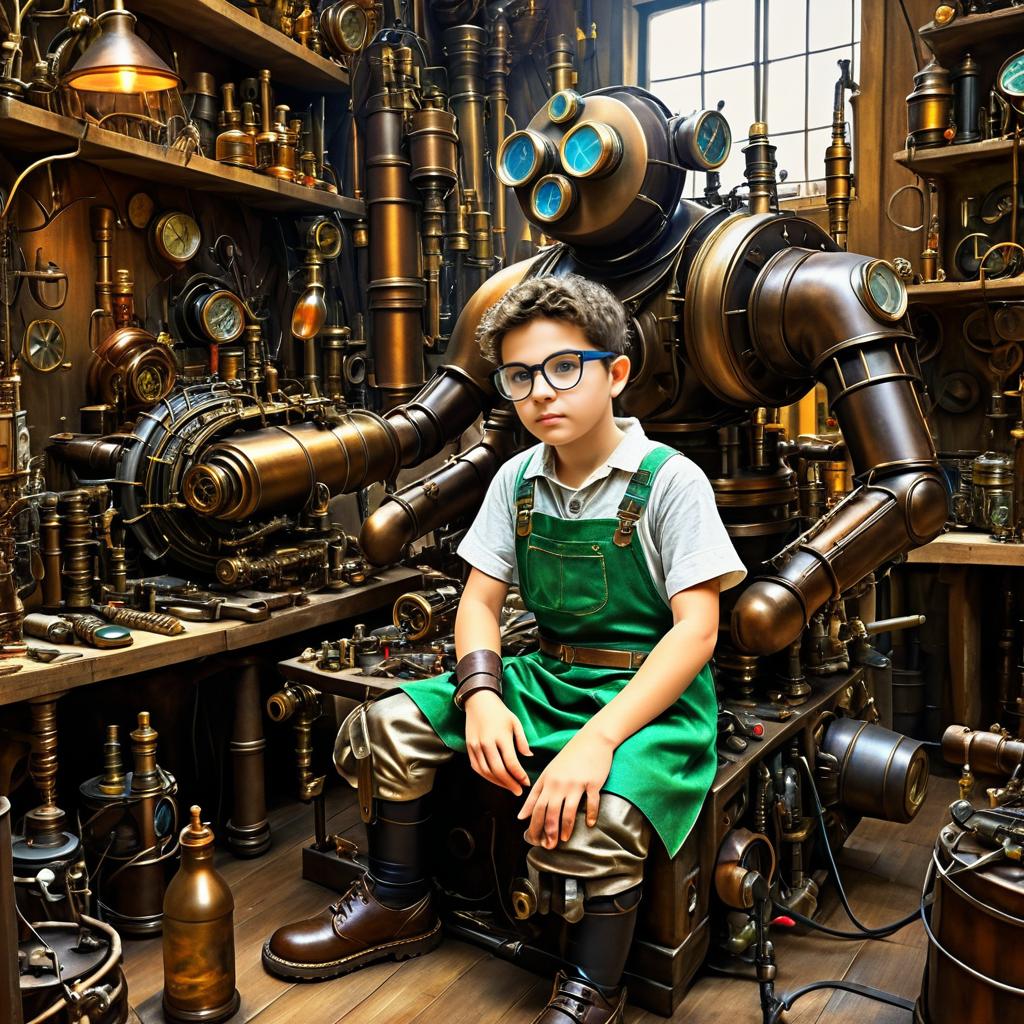 Young Inventor in a Mechanical Workshop