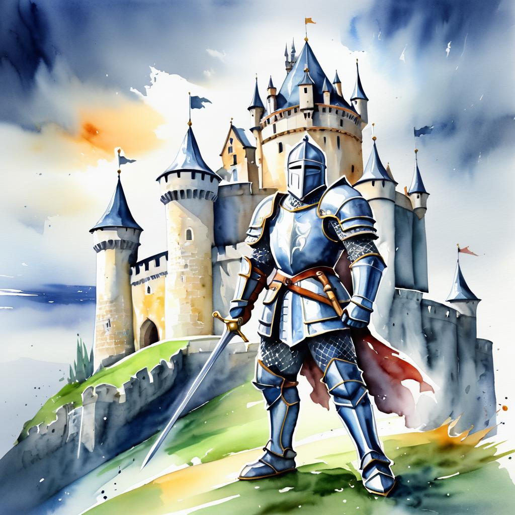 Brave Knight in Stormy Castle Watercolor