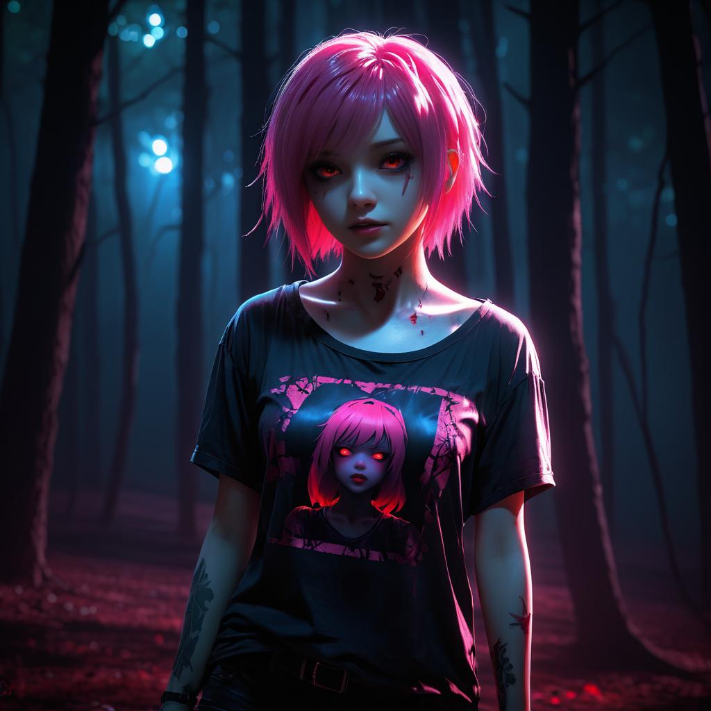 Pink Haired Zombie Girl in Horror Scene