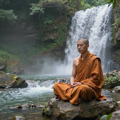 Monk Meditating by Waterfall