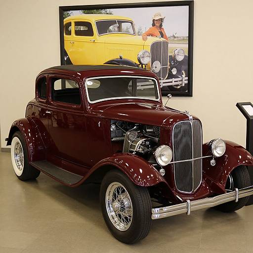 Photograph of a glossy, maroon vintage car with chrome accents, displayed in a museum, next to a framed picture of a yellow car and a