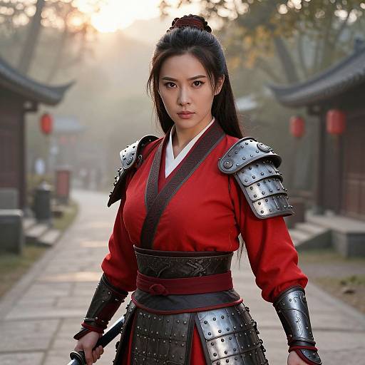 Photorealistic digital art of an Asian woman in red samurai armor, with silver shoulder and arm guards, standing on a foggy, traditional Japanese