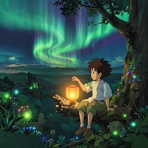 Anime-style illustration of a boy with spiky brown hair sitting on a log, holding a lantern, under a vibrant green aurora. Fireflies and