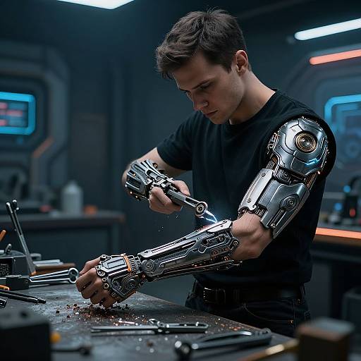 Photorealistic CGI of a young man in a black shirt, repairing a robotic arm in a dimly lit, futuristic workshop.