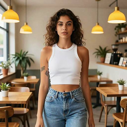 Photograph of a young woman with curly brown hair, wearing a white crop top and high-waisted blue jeans, standing in a brightly lit,