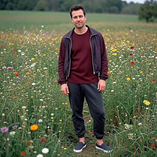 Photograph of a casual man with short dark hair, brown shirt, black jacket, black pants, and blue sneakers, standing in a colorful wildflower
