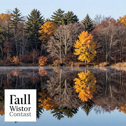Photograph of a serene lake reflecting autumn trees with vibrant orange and yellow leaves, surrounded by evergreen trees. Text reads 