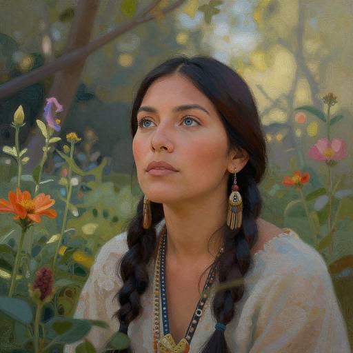 Digital painting of a young woman with dark braided hair, blue eyes, and tan skin, wearing intricate earrings and a white blouse, surrounded by colorful