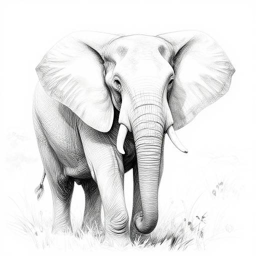 Black and white digital drawing of a realistic elephant, detailed with cross-hatching, staring directly at the viewer with large ears and prominent trunk.
