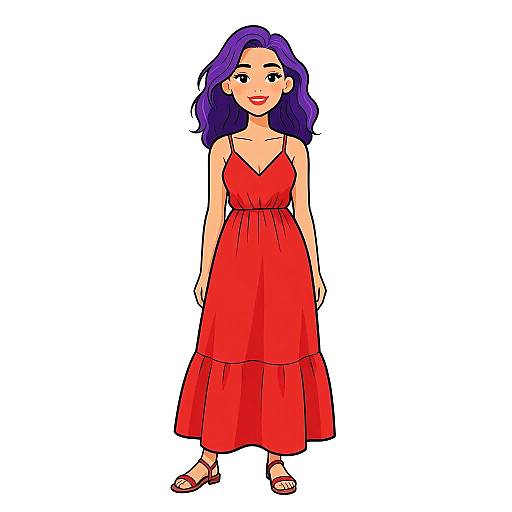 Digital cartoon of a smiling woman with purple hair, wearing a red sundress and sandals, standing against a plain white background.