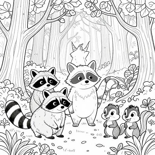 Black-and-white digital drawing of six cute raccoons in a forest, standing and playing among trees and flowers, with detailed line work.