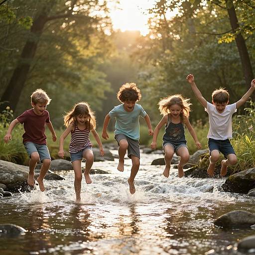 Photograph of five children jumping over a shallow forest creek at sunset, sunlight filtering through trees, creating a golden glow.
