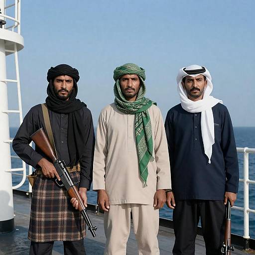 Serious Men on Ship Deck with Rifles