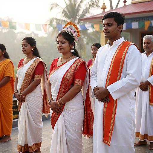 Photograph of Indian wedding ceremony: two women in white and red saris with orange borders, white-clad men, floral headpiece, group standing