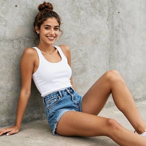Photograph of a smiling young woman with tan skin, brown hair in a bun, wearing a white tank top and blue denim shorts, sitting against a