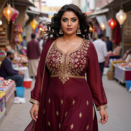 Photograph of a confident South Asian woman with curly black hair, wearing a burgundy traditional Indian outfit with gold embroidery, standing in a bustling, colorful