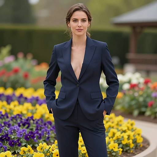 Woman in Dark Blue Suit in Flower Garden