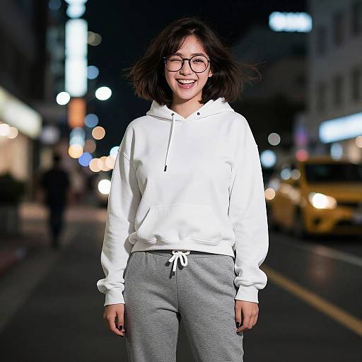 Photograph of a smiling Asian woman with glasses, short black hair, wearing a white hoodie and gray sweatpants, standing on a nighttime city street with