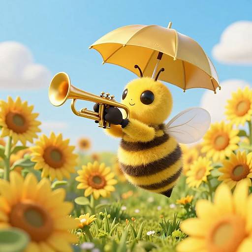 Whimsical 3D Bee Trumpet in Sunflowers