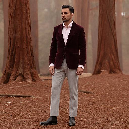 Photograph of a stylish man with dark hair and beard, wearing a burgundy blazer, white shirt, gray pants, and black boots, standing