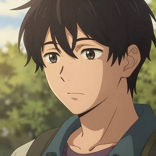 Anime-style digital drawing of a young man with black hair, brown eyes, and a serious expression, wearing a blue shirt, set against a blurred green