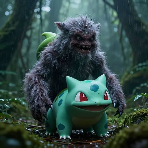 Digital artwork of a fierce, furry, gray creature with glowing eyes and sharp teeth behind a green, spotted Ivysaur in a rain-soaked forest