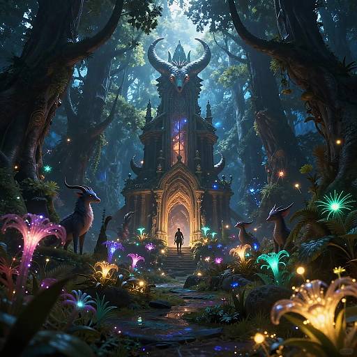 Enchanted Forest with Mythical Creatures and Ancient Temple
