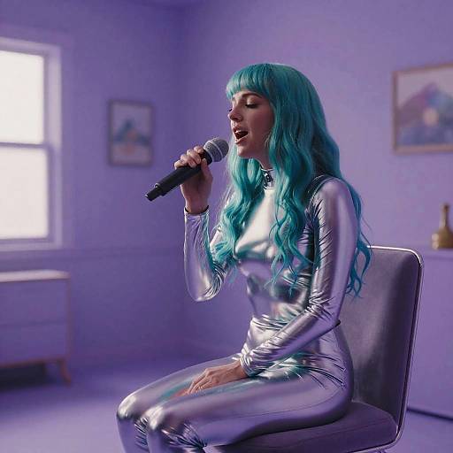 Photograph of a woman with long turquoise hair singing into a microphone in a purple room, wearing a shiny silver latex catsuit, seated on a modern