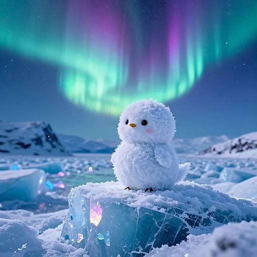 Photograph of a fluffy white snowman with small black eyes and a yellow carrot nose, sitting on a glowing ice cube under vibrant, colorful Northern Lights