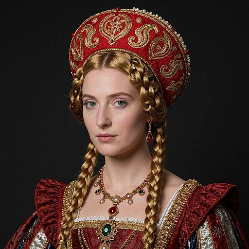 Photograph of a fair-skinned, red-haired woman in elaborate Renaissance attire: gold and red embroidered dress, braided hair, ornate hat,
