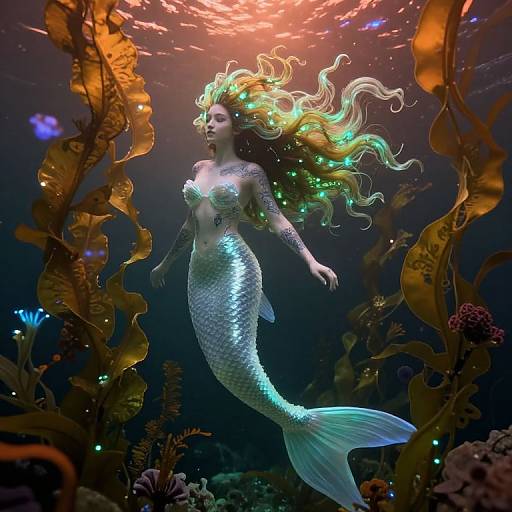 Photorealistic digital artwork of a glowing mermaid with long, wavy blonde hair, shimmering silver scales, and a translucent fin, surrounded by