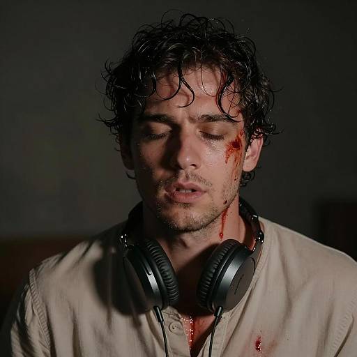 Intense Portrait of a Bloodied Male Figure