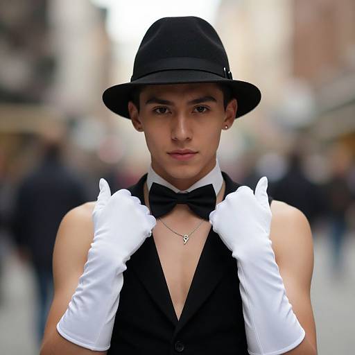 Photograph of a young man with a lean build, wearing a black hat, bow tie, black vest, and white gloves, standing in a blurred