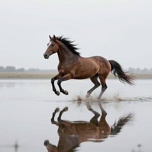 Photograph of a powerful, brown horse with a black mane and tail, galloping through shallow water, creating a perfect reflection.