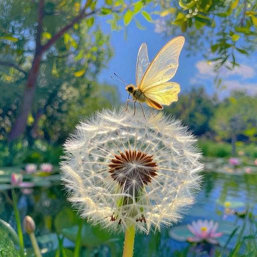 Photograph of a bright yellow butterfly perched on a glowing white dandelion, set against a lush, green, and blue nature background with water