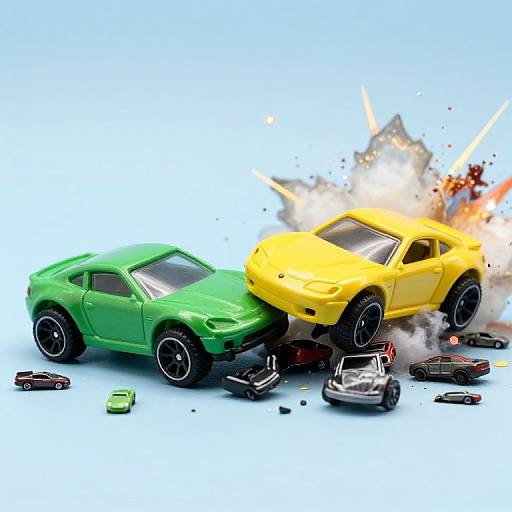 Photograph of a green and yellow toy cars crashing, with the yellow car exploding in a burst of flames and debris.