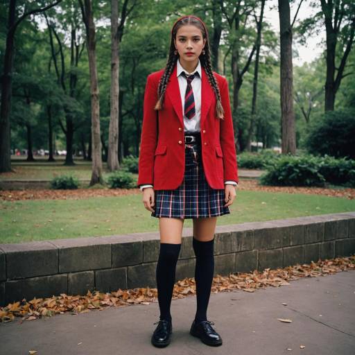 Young Woman in Preppy School Uniform with Red Blazer