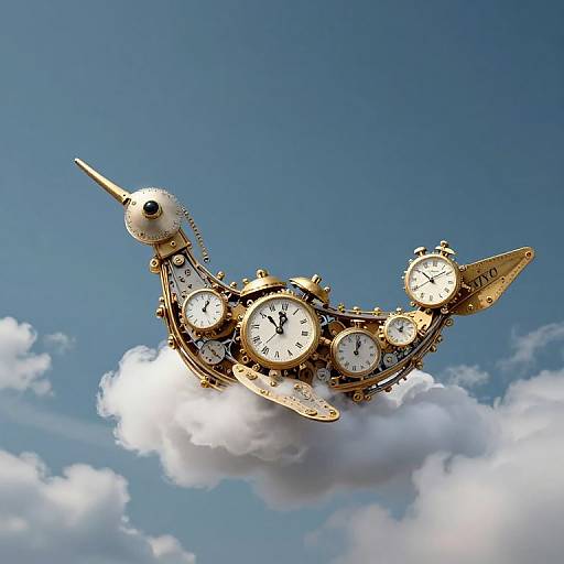 Gilded clockwork bird with multiple clocks flying above a white cloud against a bright blue sky, surreal, steampunk art style.