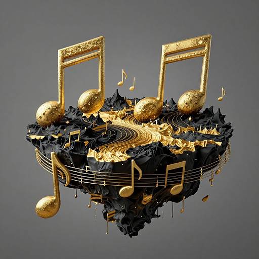 Digital artwork of golden musical notes and spheres on a black, swirling, textured background with floating musical symbols.