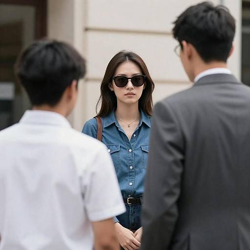 Woman in Denim Between Two Men