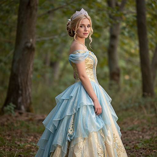 Photograph of a blonde princess in a sparkling tiara, off-shoulder gold and blue ball gown, standing in a lush forest.