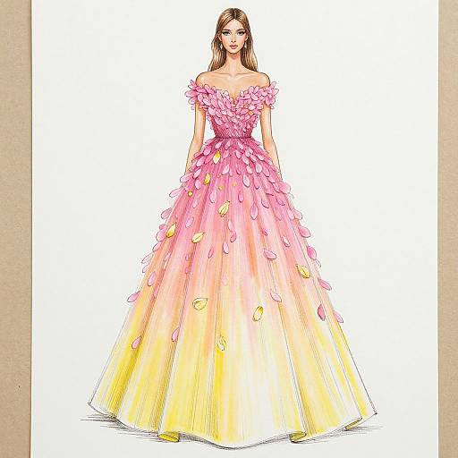 Digital illustration of a woman in an off-the-shoulder, pink-to-yellow gradient ball gown with petal-like fabric embellishments, standing against a