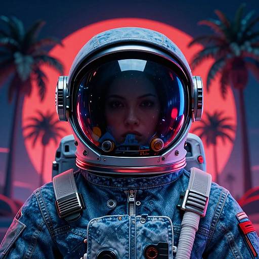 Digital artwork of a person in a futuristic space suit with a reflective helmet, blue denim, and red sunset with palm trees.