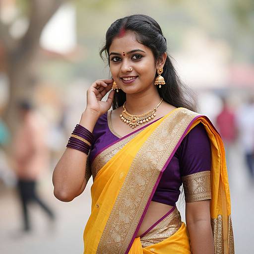Photograph of an Indian woman in a yellow and gold saree with purple blouse, gold jewelry, and black hair, smiling confidently in a blurred,
